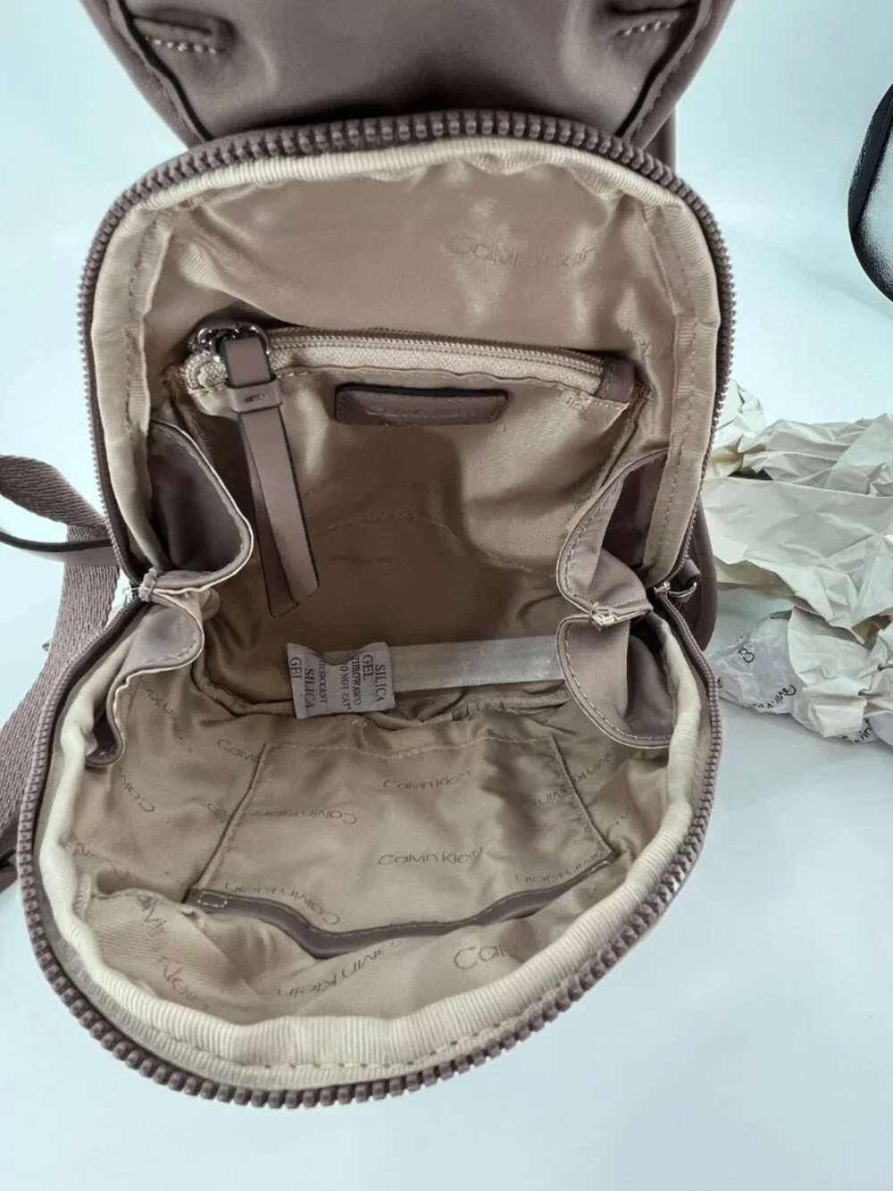 Calvin Klein Shay Mini Backpack Taupe Nylon Zip Buckle Front Pockets Adjustable